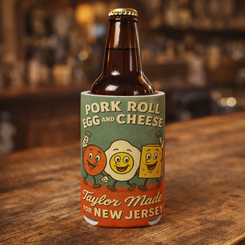 Bottle with a colorful can cooler featuring cartoon characters and text on a wooden surface.