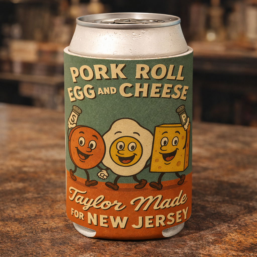 Can with a colorful design featuring cartoon characters and text on a wooden surface.