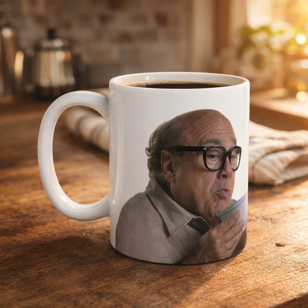 White mug with a printed design of Danny DeVito on a wooden surface