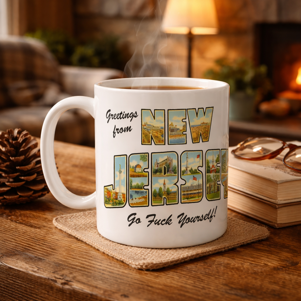 White mug with 'Greetings from New Jersey' design on a wooden surface.