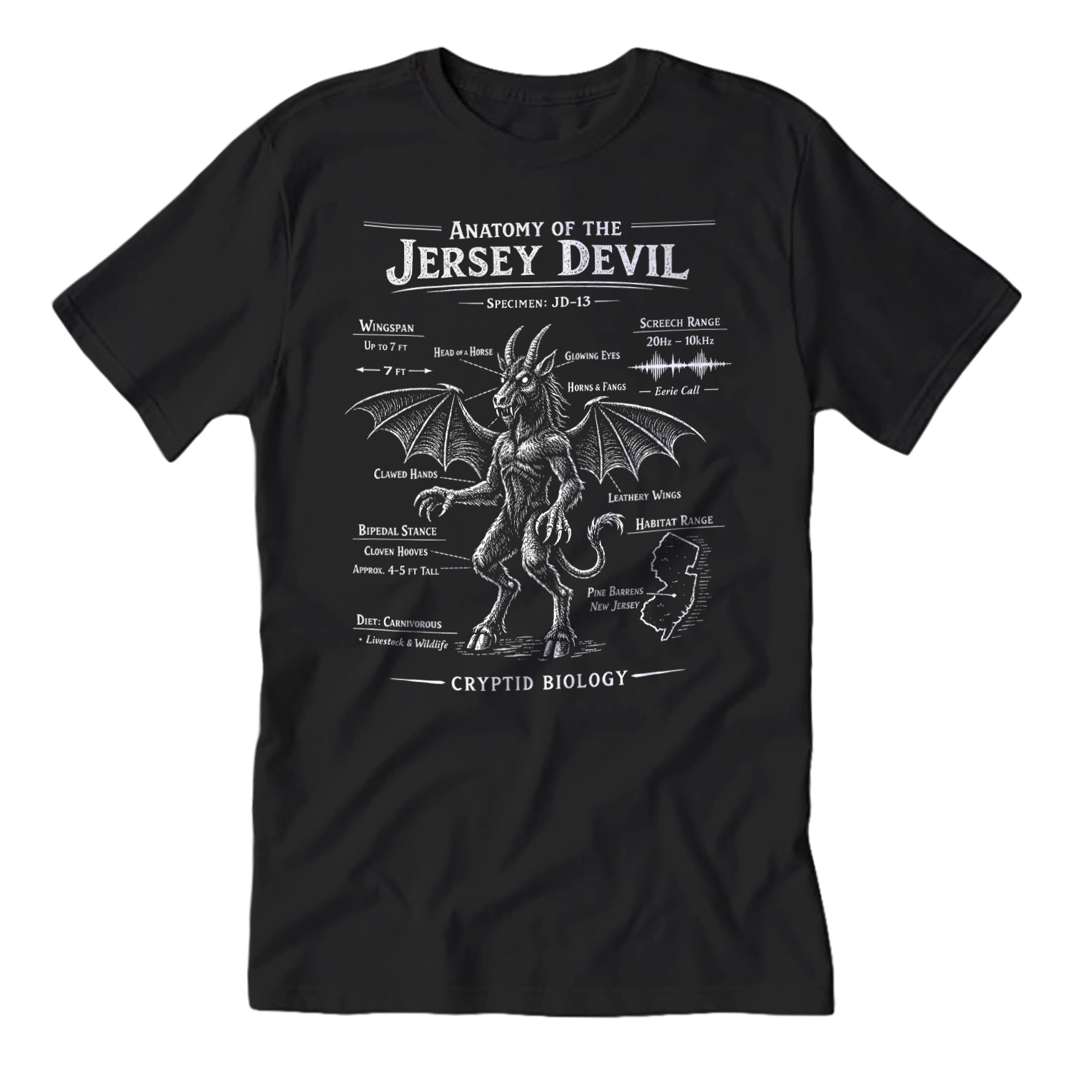 Black t-shirt with 'Anatomy of the Jersey Devil' graphic design on a white background