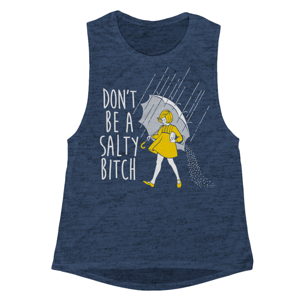 A navy blue girls' tank top with the phrase 'DON'T BE A SALTY BITCH' printed on the front, featuring a graphic of a woman holding an umbrella.