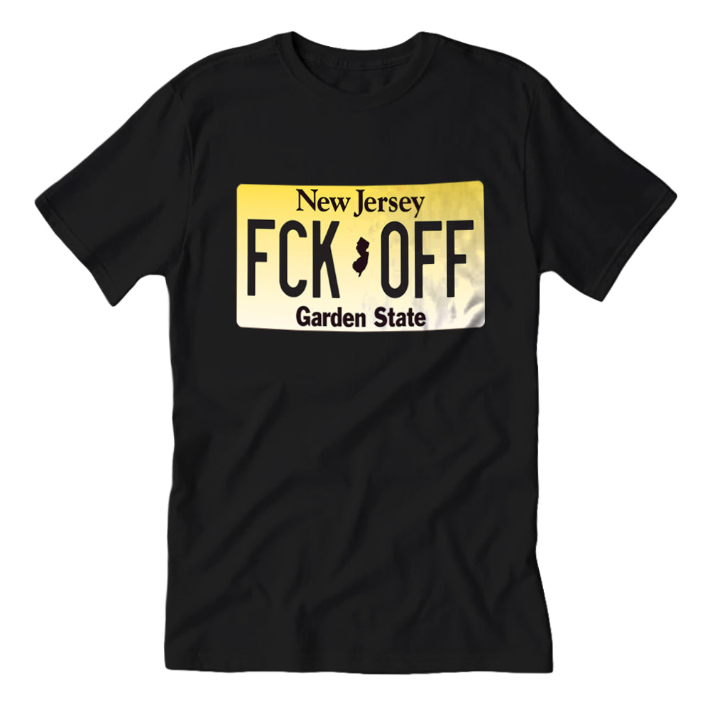 Black crew neck t-shirt with the text 'FCK-OFF Garden State' printed on the front, resembling a license plate format.
