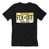 Black crew neck t-shirt with the text 'FCK-OFF Garden State' printed on the front, resembling a license plate format.