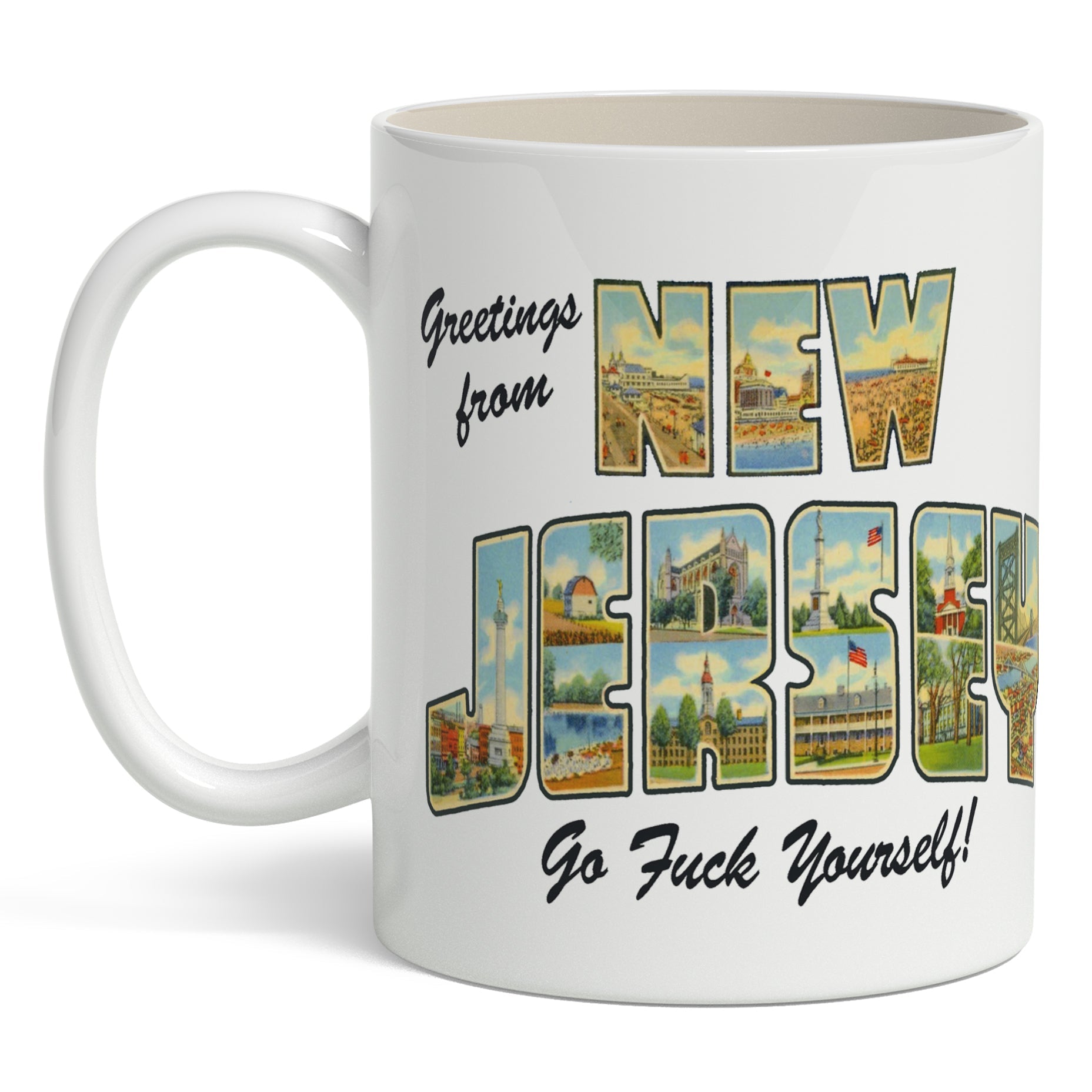 Mug with 'Greetings from New Jersey' design and offensive text on a white background