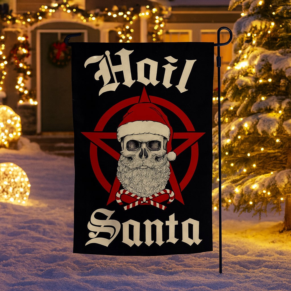 Decorative flag with a skull wearing a Santa hat and 'Hail Santa' text, set against a snowy background with Christmas lights.