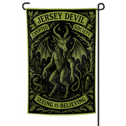 Jersey Devil Cryptid Society flag with a creature illustration and text on a black background