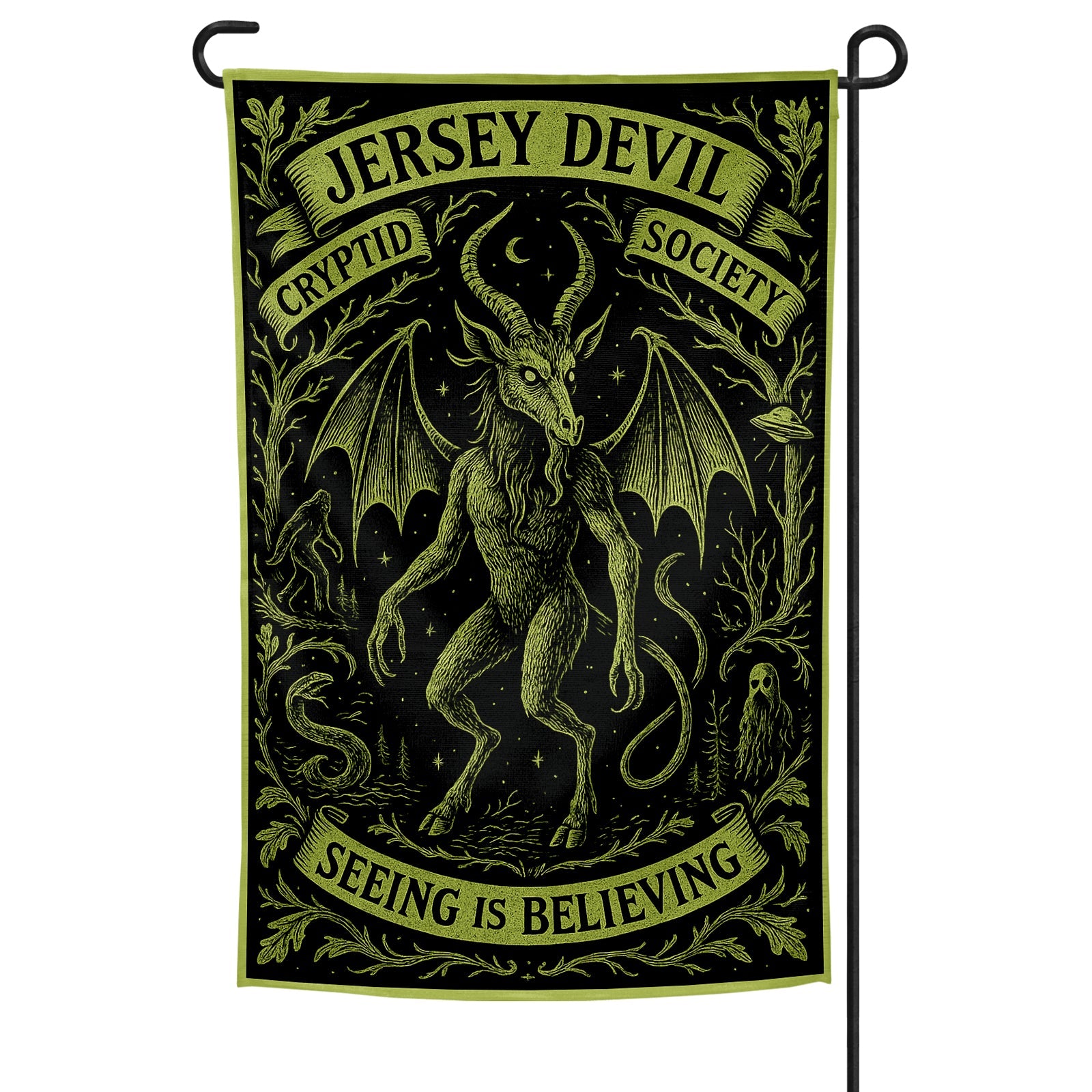Jersey Devil Cryptid Society flag with a creature illustration and text on a black background