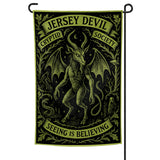Jersey Devil Cryptid Society flag with a creature illustration and text on a black background
