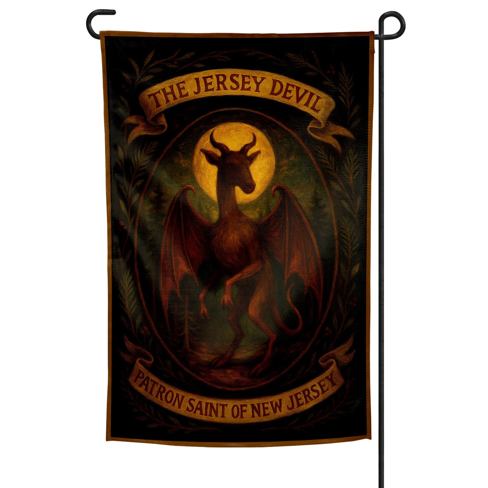Flag with 'The Jersey Devil' design featuring a dragon and moon on a dark background.