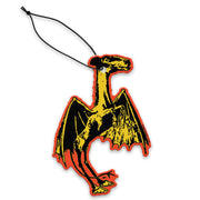 A hanging air freshener designed in the shape of the Jersey Devil creature, predominantly orange with black wings.