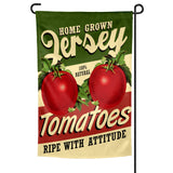 A garden flag with a green, yellow, and red color scheme featuring two ripe tomatoes and the text 'Home Grown Jersey Tomatoes RIPE WITH ATTITUDE'.