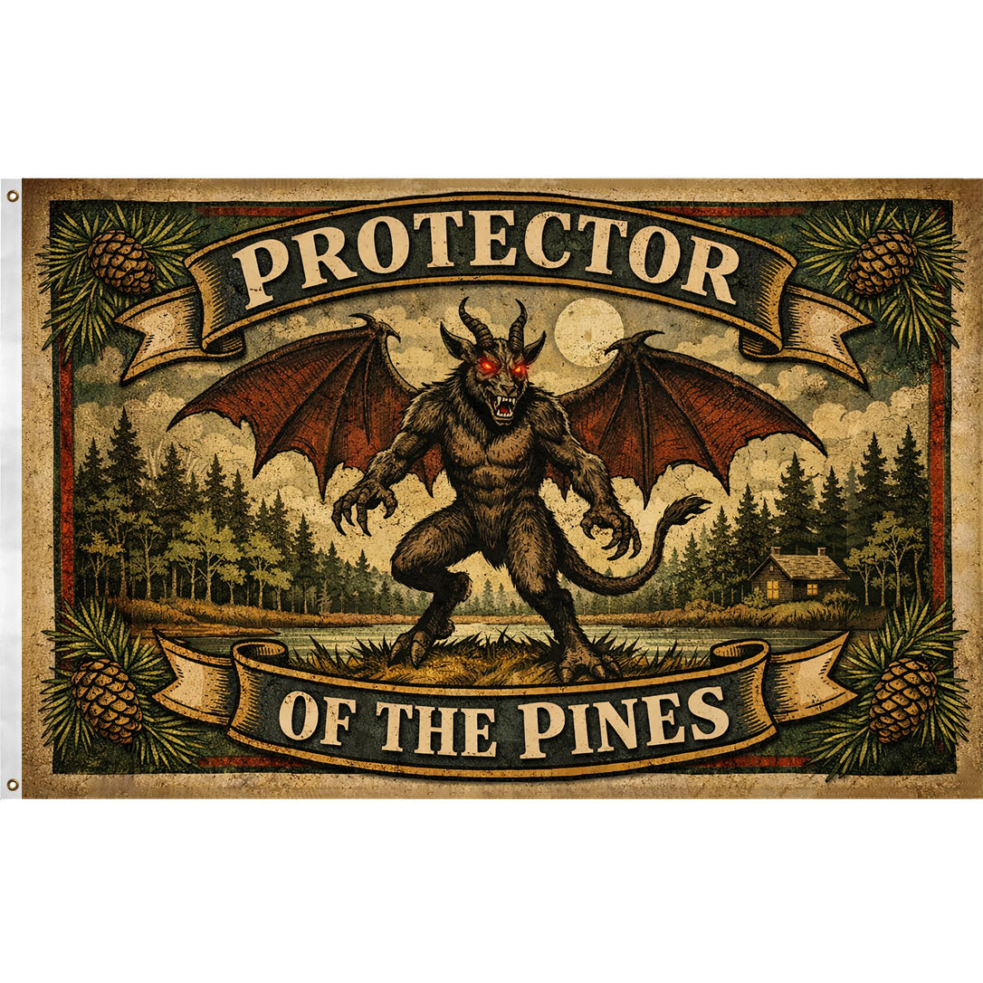 Vintage-style banner with a jersey devil creature labeled 'Protector of the Pines' in a forest setting.