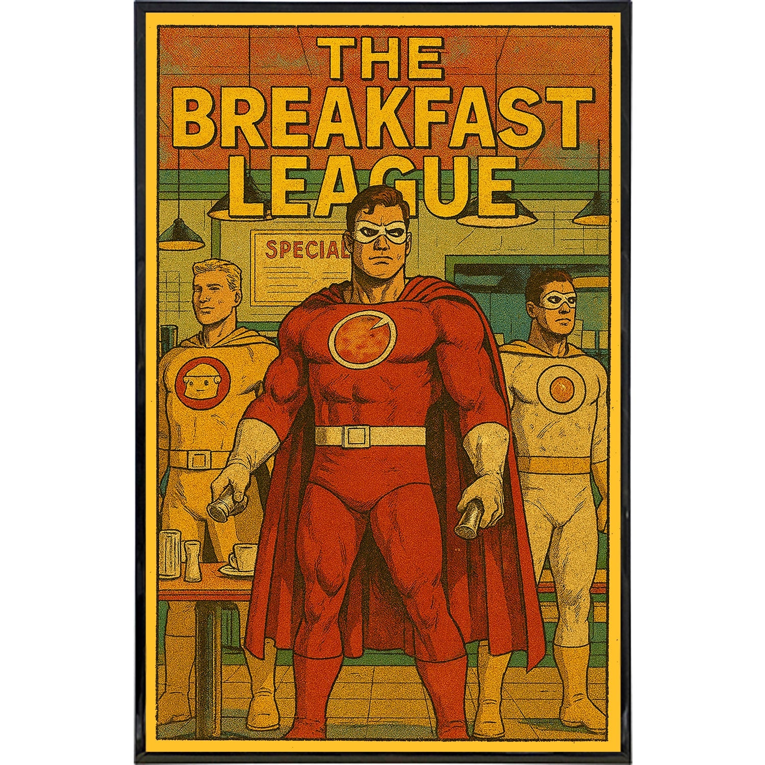 Vintage-style poster with superhero characters in a breakfast setting, featuring 'The Breakfast League' text.