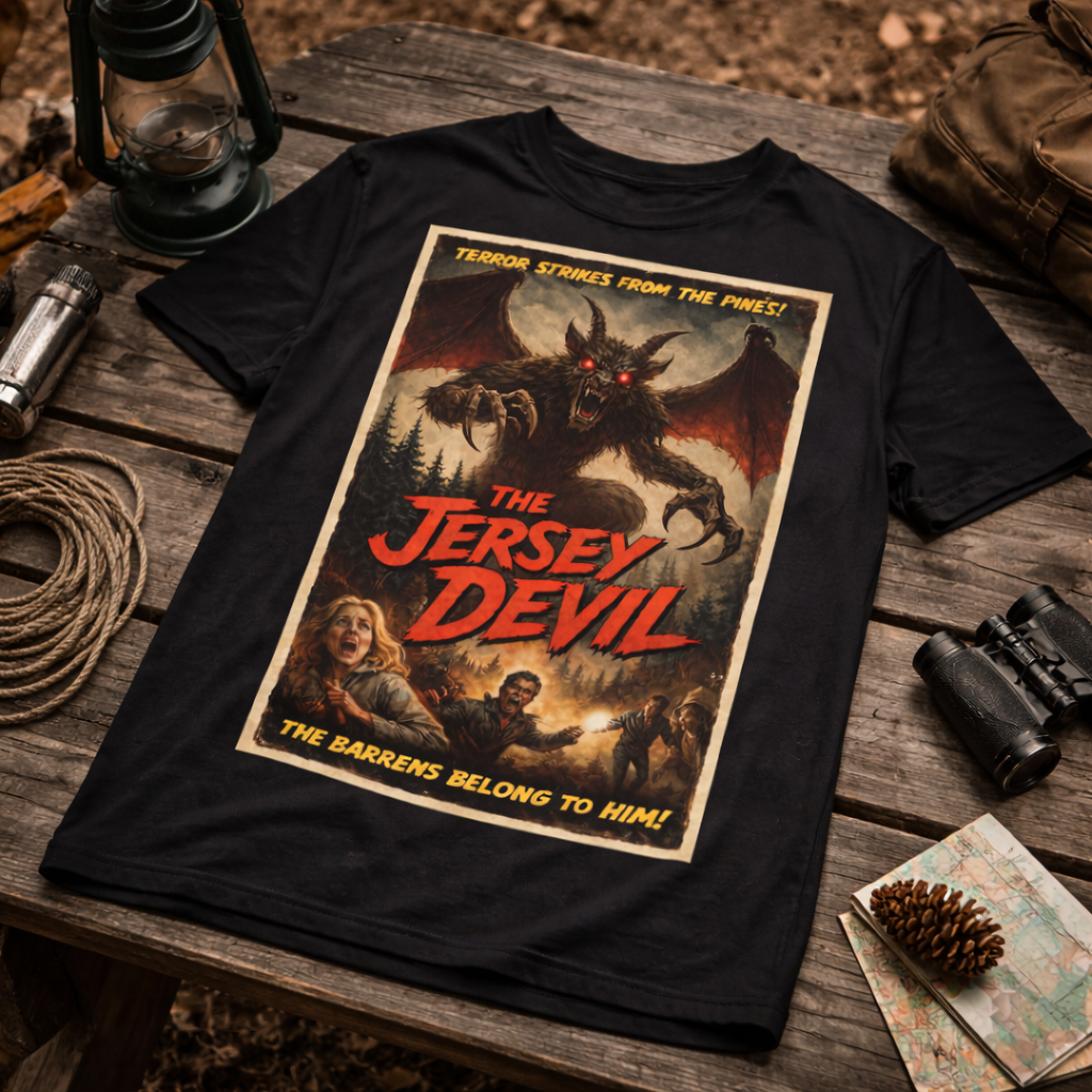 Black t-shirt with 'The Jersey Devil' graphic design on a wooden surface with outdoor-themed items.
