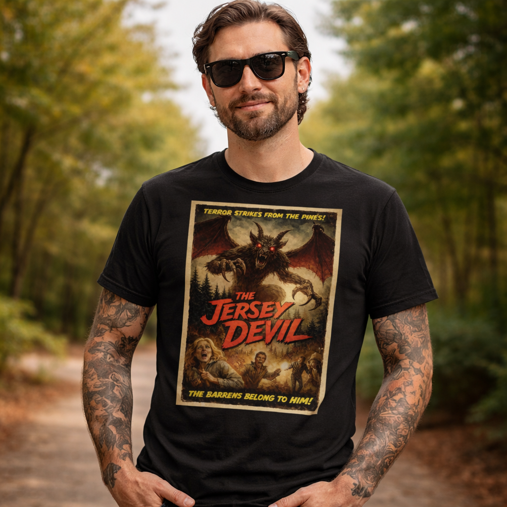 Man wearing a black t-shirt with 'The Jersey Devil' graphic design outdoors.
