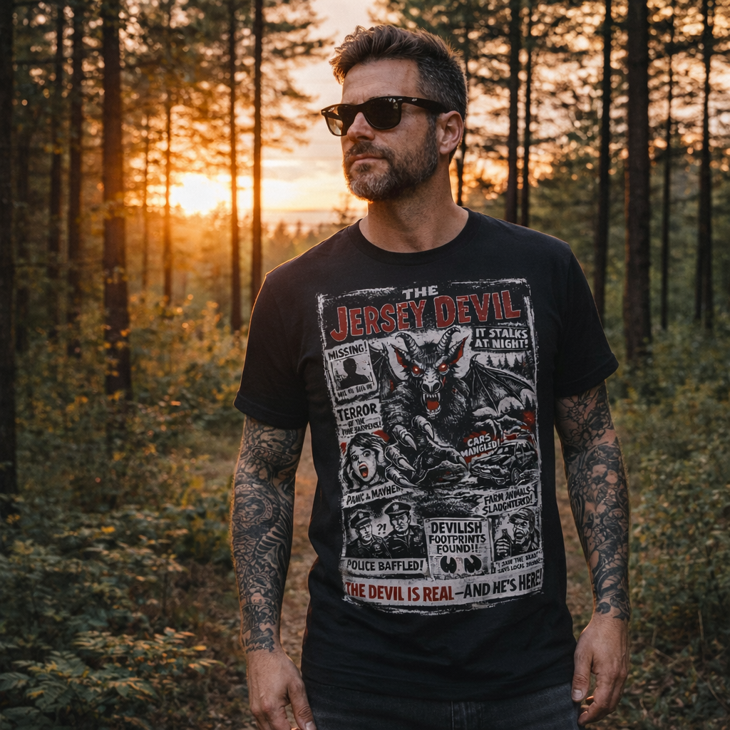 Man wearing a 'Jersey Devil' t-shirt in a forest with sunset