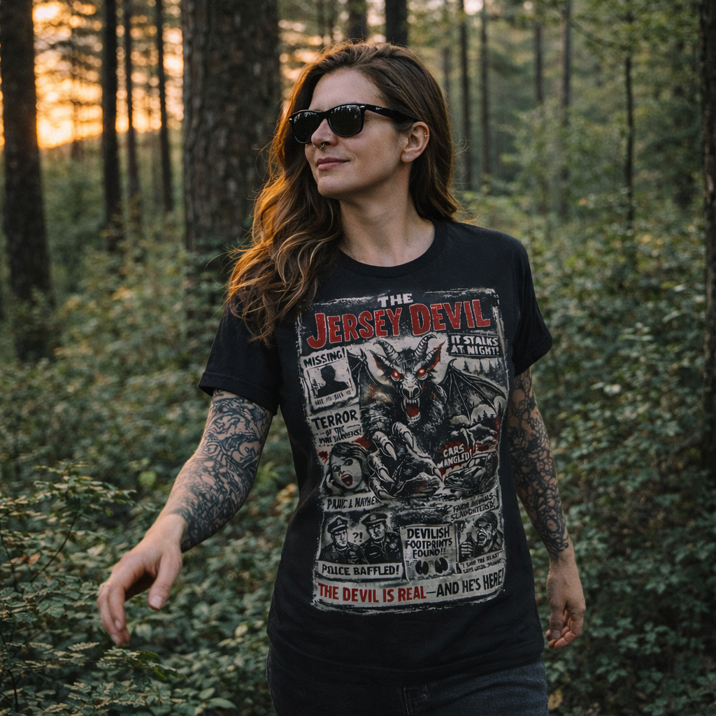 Woman wearing a black t-shirt with 'The Jersey Devil' graphic design in a forest setting