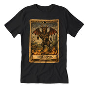 Black t-shirt with 'The Devil' tarot card design on a white background