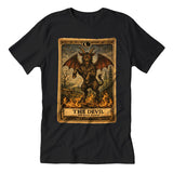 Black t-shirt with 'The Devil' tarot card design on a white background