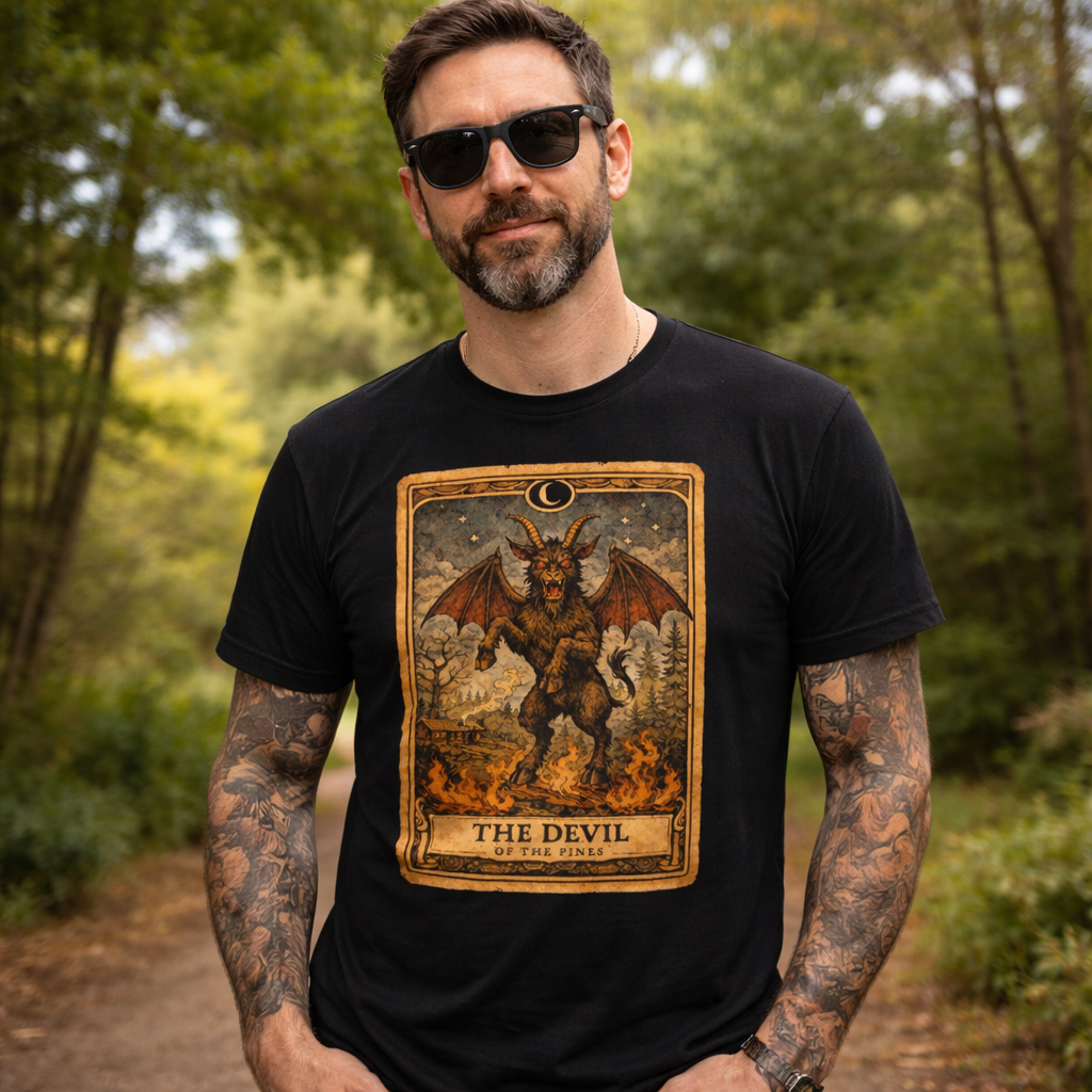 Man wearing a black t-shirt with 'The Devil' tarot card design outdoors.