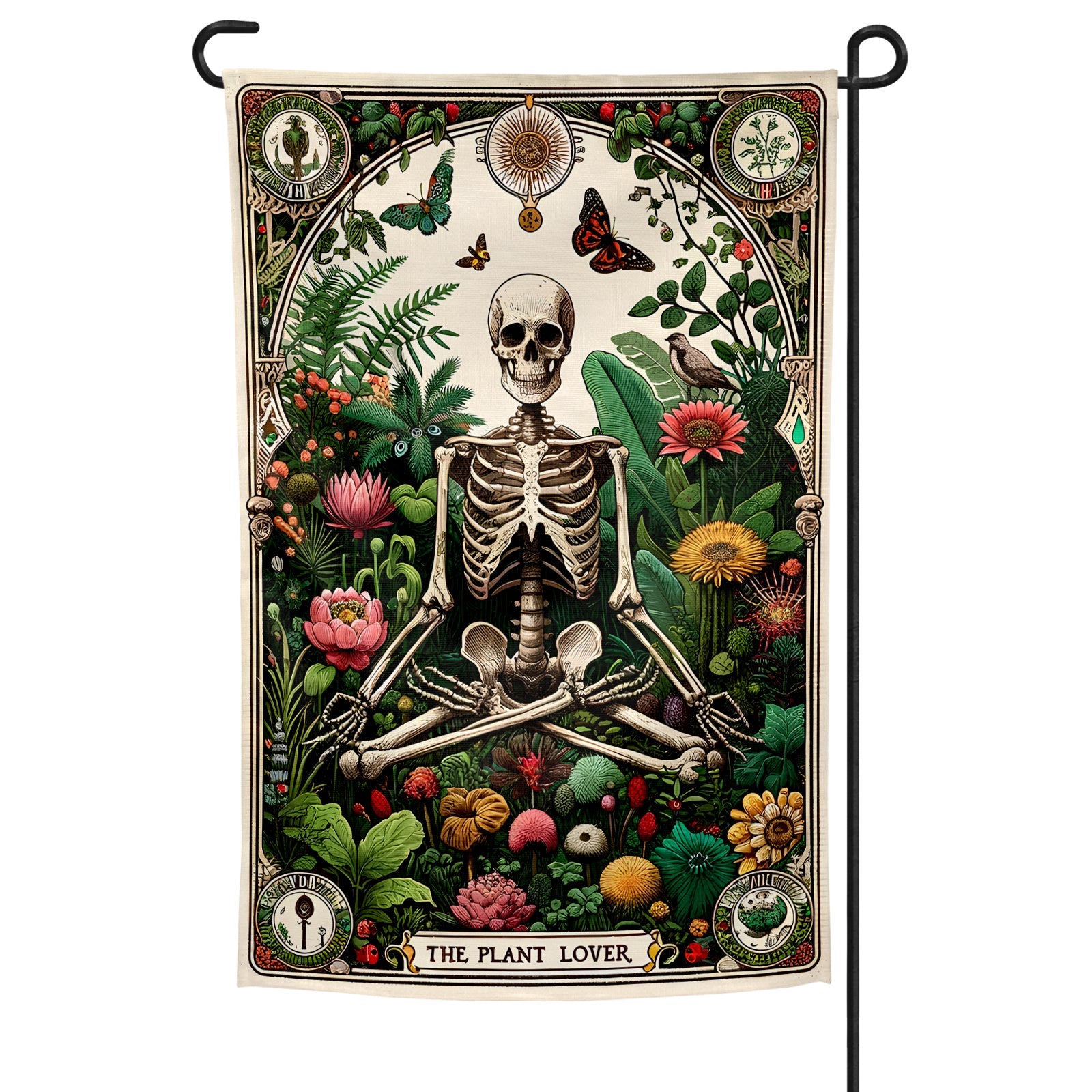 A garden flag featuring a detailed illustration of a skeleton amidst a lush garden setting, with various plants and butterflies, and the text 'THE PLANT LOVER'.